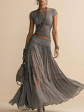 2026 SS Western Romance — Cement Gray Heavy Lace Patchwork Crop Top & Pleated Maxi Set