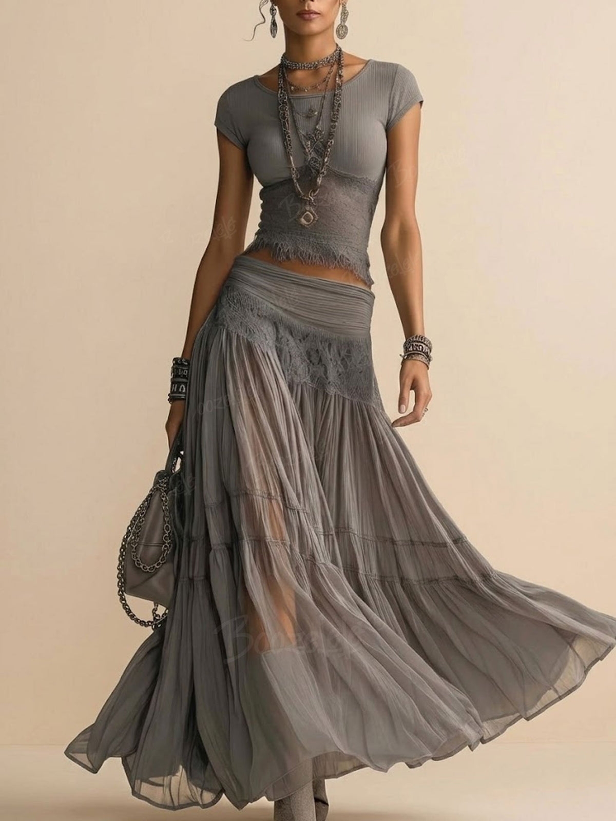 2026 SS Western Romance — Cement Gray Heavy Lace Patchwork Crop Top & Pleated Maxi Set