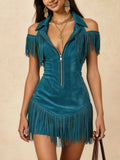 Western-Style Lapel Zipper Tassel Slim-Fit Mini Dress