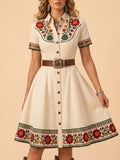 2026 S/S Vintage Romance — Off-White Heavy Red Floral A-Line 100% Cotton Shirt Mini Dress