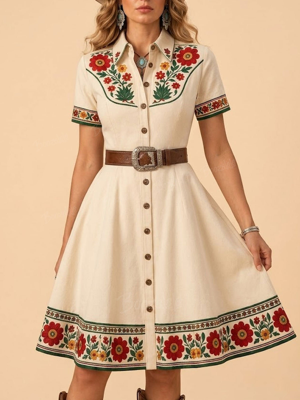 2026 S/S Vintage Romance — Off-White Heavy Red Floral A-Line 100% Cotton Shirt Mini Dress